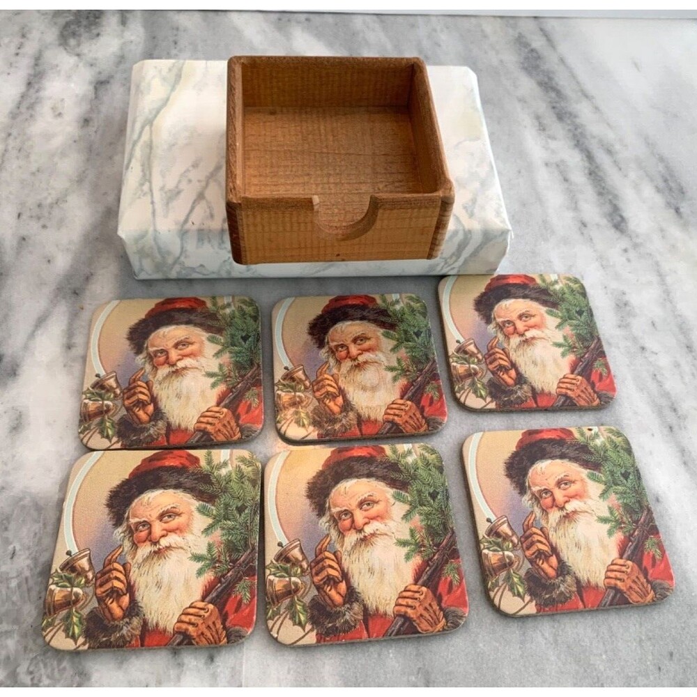 VINTAGE Christmas Santa Claus Cork Coaster 6 Pack 4 in Saint Nick Holiday Holder